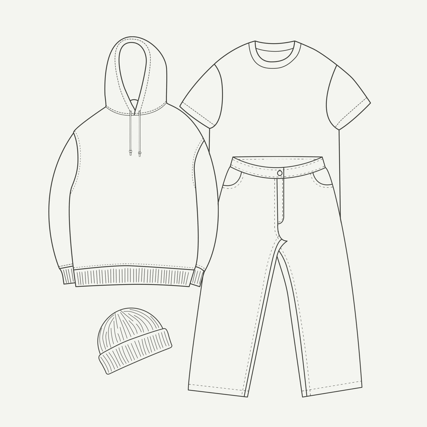 HOOD / CREW, TEE, PANTS + BEANIE $280