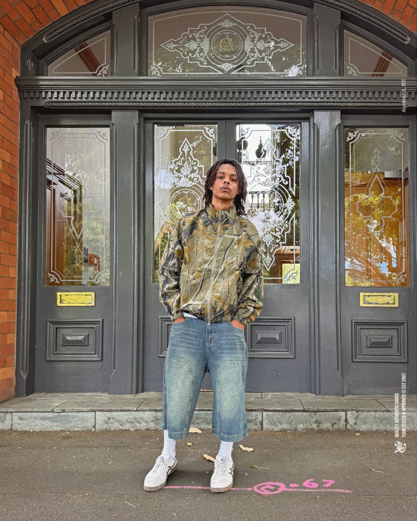 Realtree Windbreaker & BAGGY DOUBLE KNEE JORTS – FADED INDIGO | Baggy fit, longer length 100% cotton jorts with Jacron waistband label and back embroidery. Y2K, Vintage, 90s