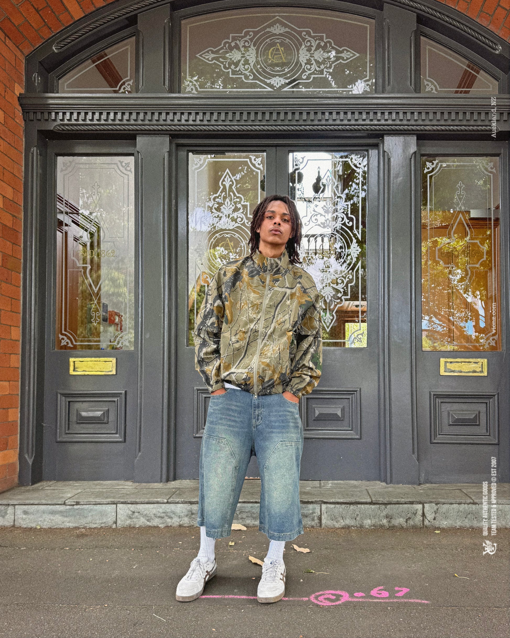 Realtree Windbreaker & BAGGY DOUBLE KNEE JORTS – FADED INDIGO | Baggy fit, longer length 100% cotton jorts with Jacron waistband label and back embroidery. Y2K, Vintage, 90s