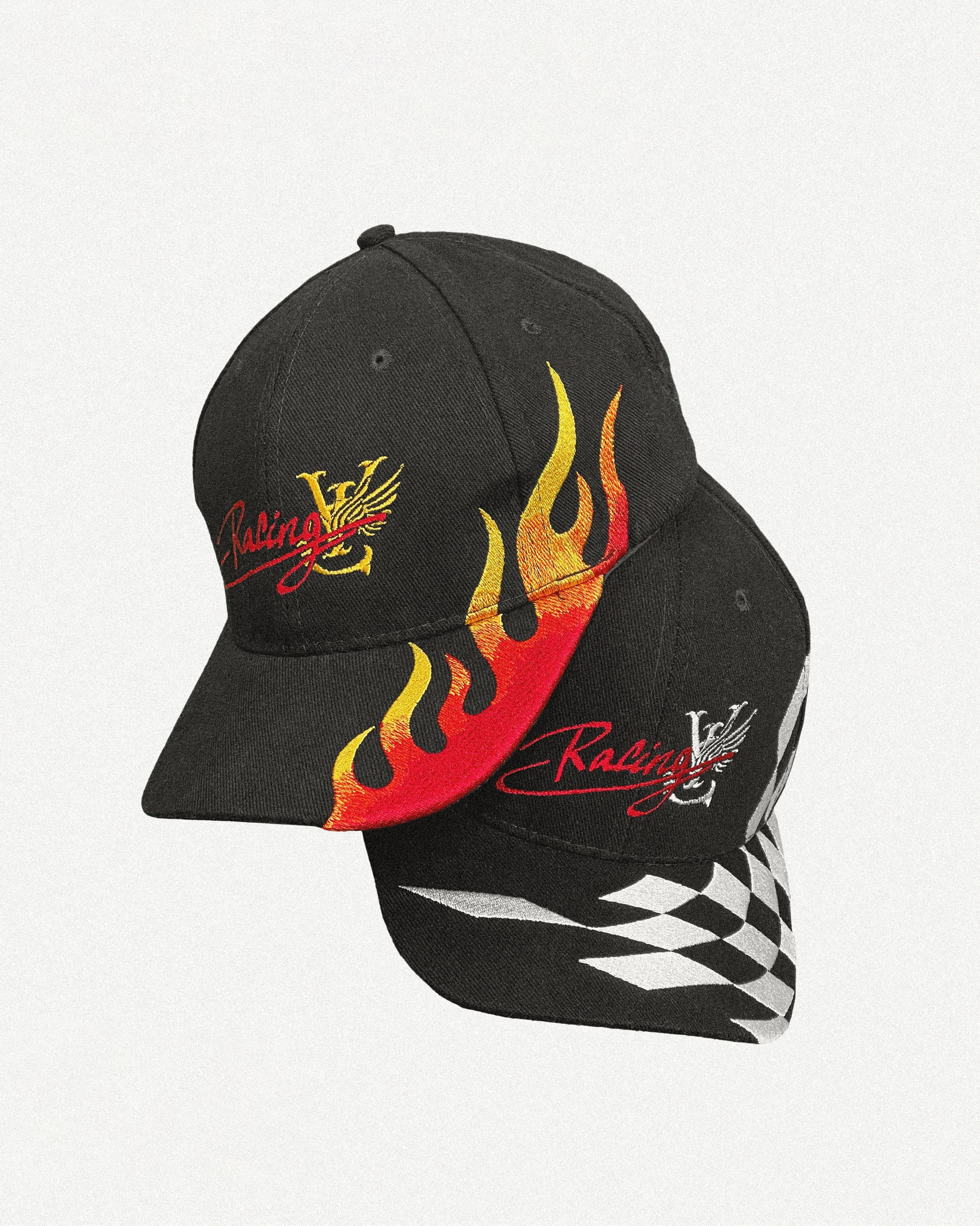Flame and checks Y2K racing cap style. Vintage style headwear.