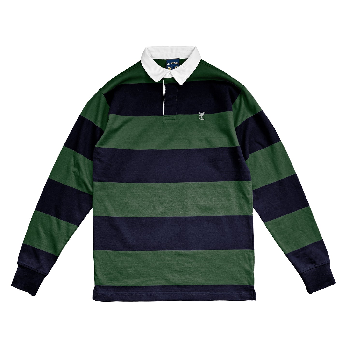 A long-sleeve rugby shirt with horizontal stripes in forest green and dark navy blue, featuring a white ribbed collar and a small embroidered crest on the left chest.