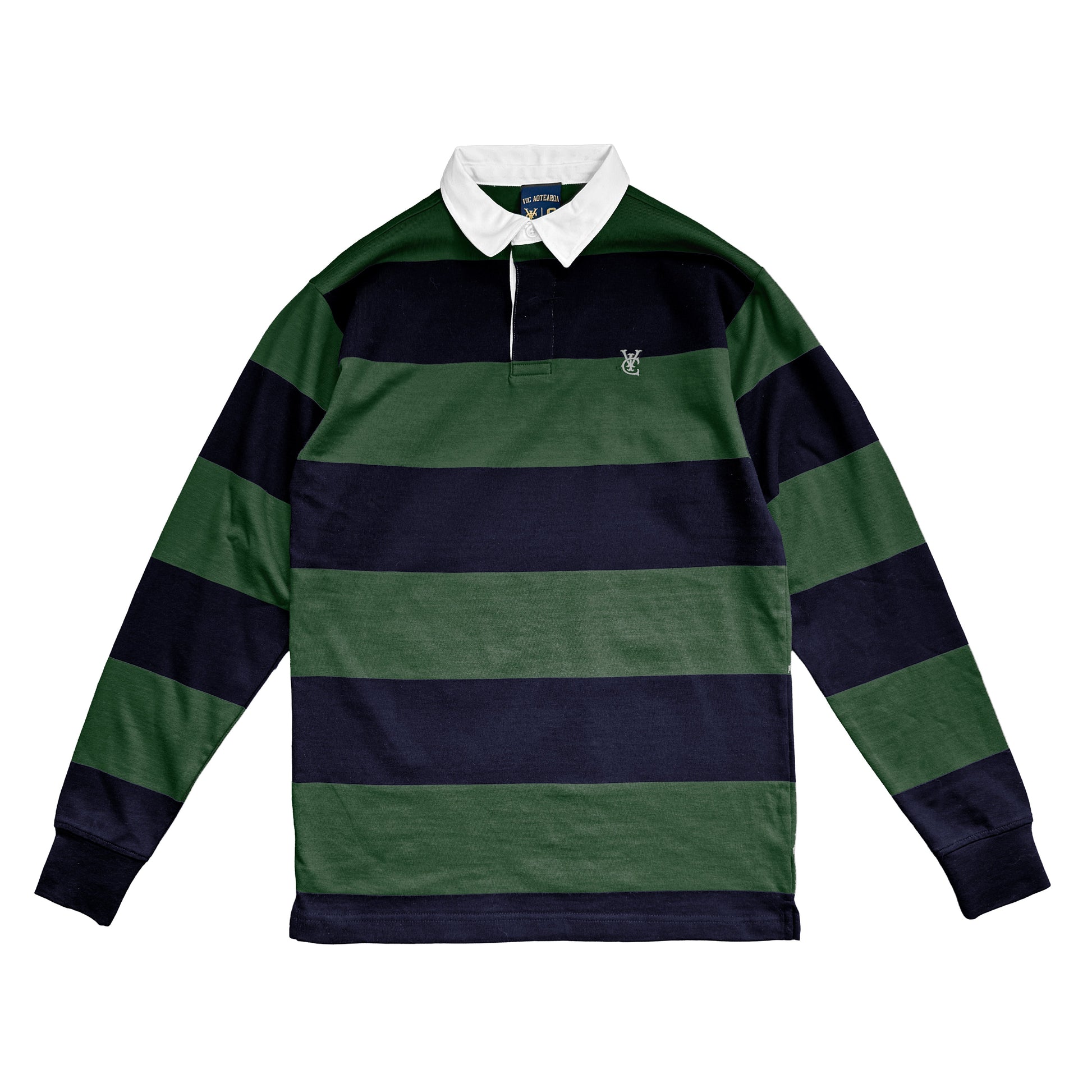 A long-sleeve rugby shirt with horizontal stripes in forest green and dark navy blue, featuring a white ribbed collar and a small embroidered crest on the left chest.