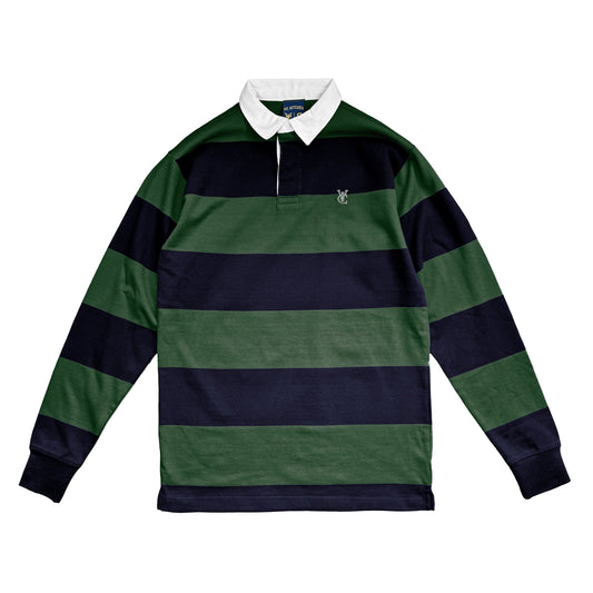 A long-sleeve rugby shirt with horizontal stripes in forest green and dark navy blue, featuring a white ribbed collar and a small embroidered crest on the left chest.