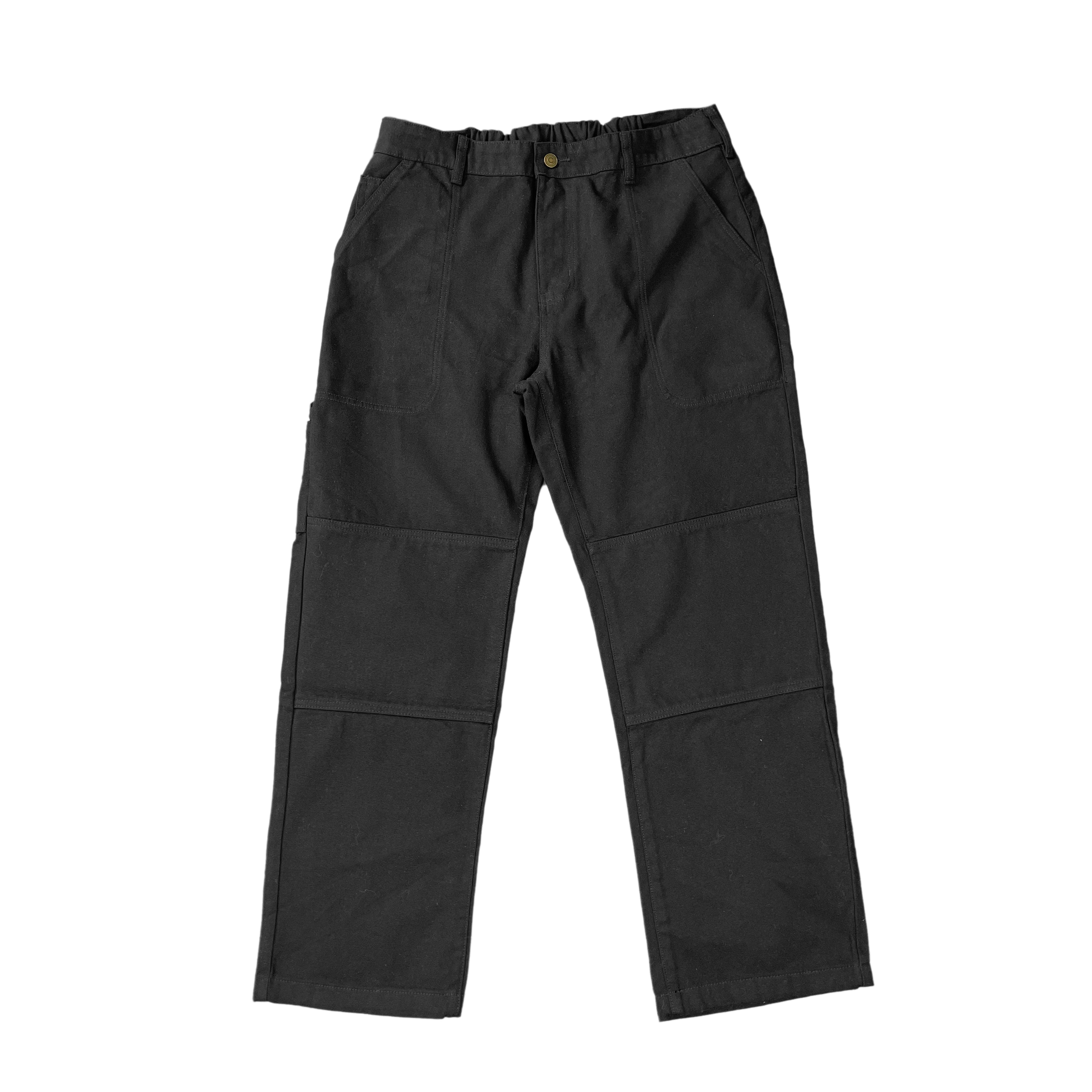 DOUBLE KNEE CANVAS PANTS - BLACK Regular fit Made of heavyweight 365 gsm cotton duck canvas Double layer front leg panels 2 side pockets & 2 back pockets Dual pockets at back & coin pocket YKK zip fly Elastic panel at back waistband VIC label flag at the back right pocket. 90s vintage workwear style