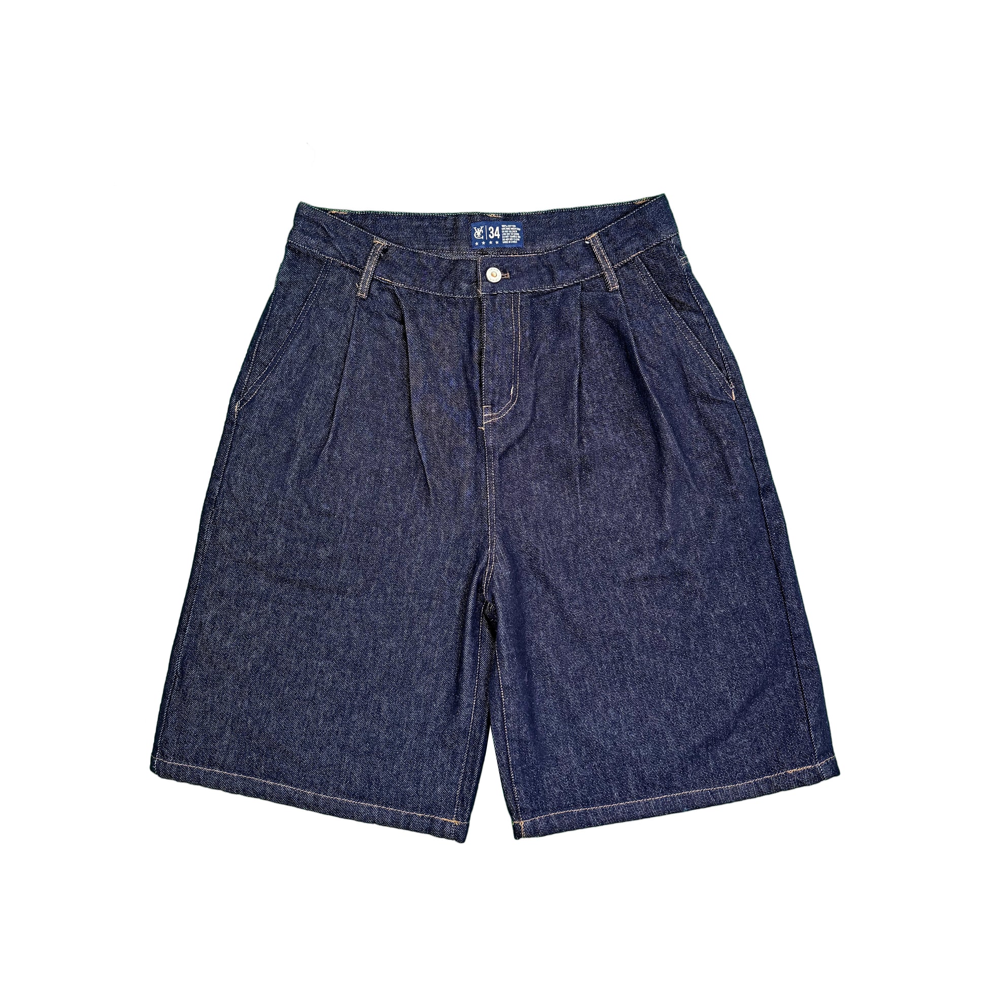 DOUBLE PLEATED JORTS INDIGO | Baggy Pleated Denim Shorts. Baggy fit denim shorts with double front pleats for structure and movement. Heavy indigo denim, relaxed mid rise, roomy through the thigh. Perfect for skate, streetwear and summer layering.
