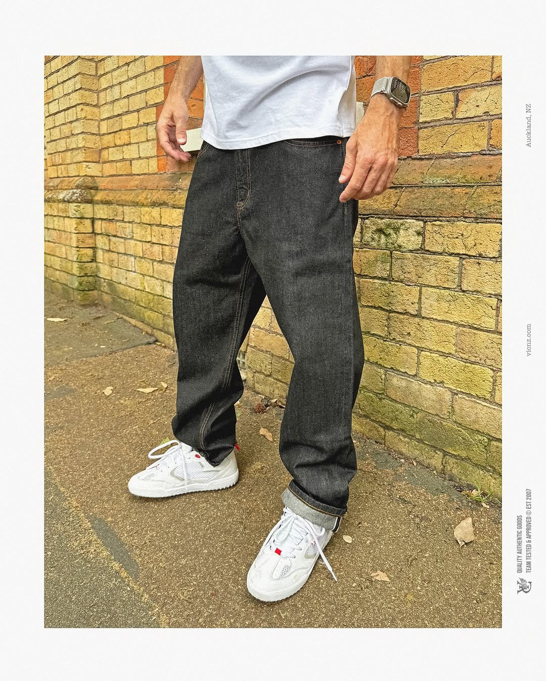 RAW SELVEDGE JEANS in dark indigo with a regular straight leg fit, cut from premium 15oz raw selvedge denim. Finished with contrast stitching, selvedge detail on the coin pocket, and a VIC woven patch on the waistband. Inspired by vintage Japanese selvedge denim and reimagined with a modern silhouette.