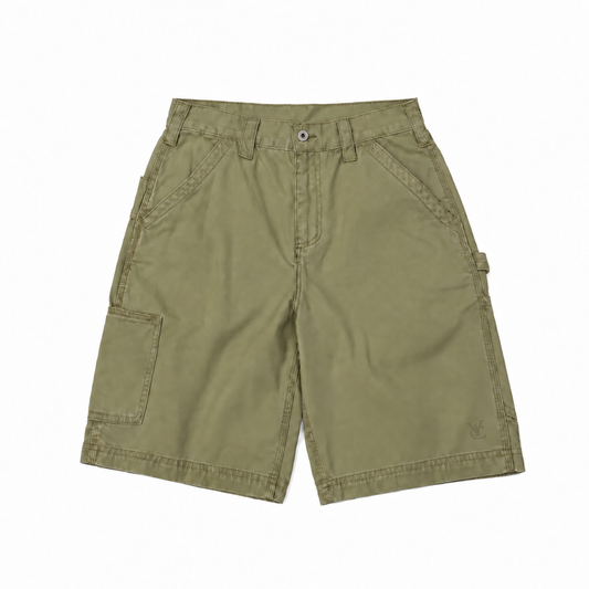 Relaxed-fit canvas carpenter shorts with utility pockets and a side hammer loop.