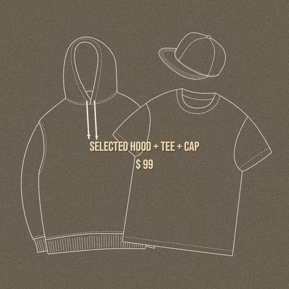 HOOD, TEE + CAP $150