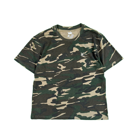 Unisex Camo Box Tee in Woodland and Black Camo, Box Fit with Shorter Body, 180 GSM Mid-Weight Cotton, Left Chest Logo Embroidery