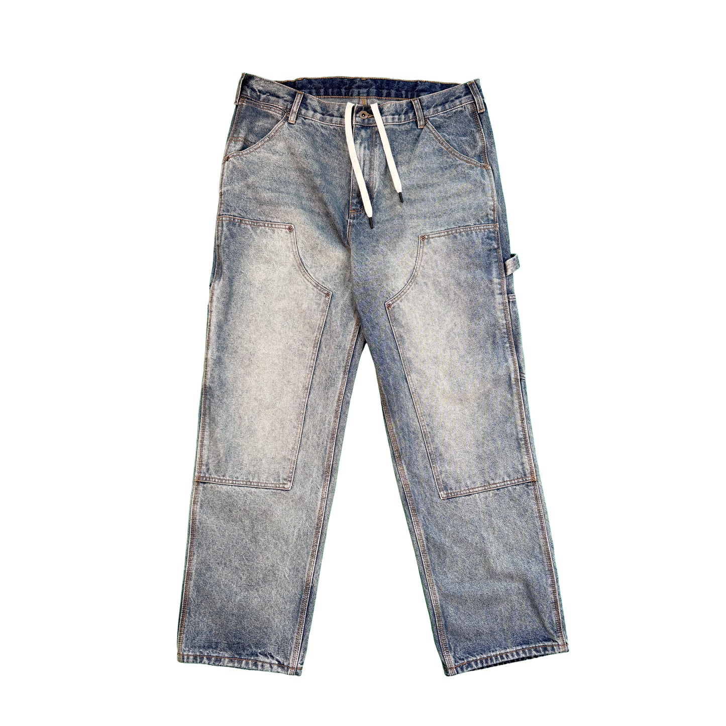 VIC Double Knee Jean in Washed Blue features a regular fit crafted from 100% cotton for durability and comfort. Designed with reinforced double-layer knees, vintage sandblasted finish, and functional tool pockets with a hammer loop. Includes belt loops with an internal drawstring waistband for adjustable fit, YKK zipper, and jacron paper label detail. Ideal for workwear-inspired everyday style with a classic worn-in look.