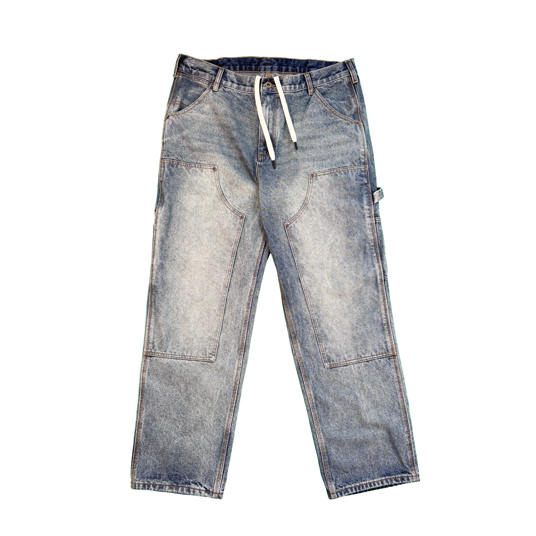 VIC Double Knee Jean in Washed Blue features a regular fit crafted from 100% cotton for durability and comfort. Designed with reinforced double-layer knees, vintage sandblasted finish, and functional tool pockets with a hammer loop. Includes belt loops with an internal drawstring waistband for adjustable fit, YKK zipper, and jacron paper label detail. Ideal for workwear-inspired everyday style with a classic worn-in look.