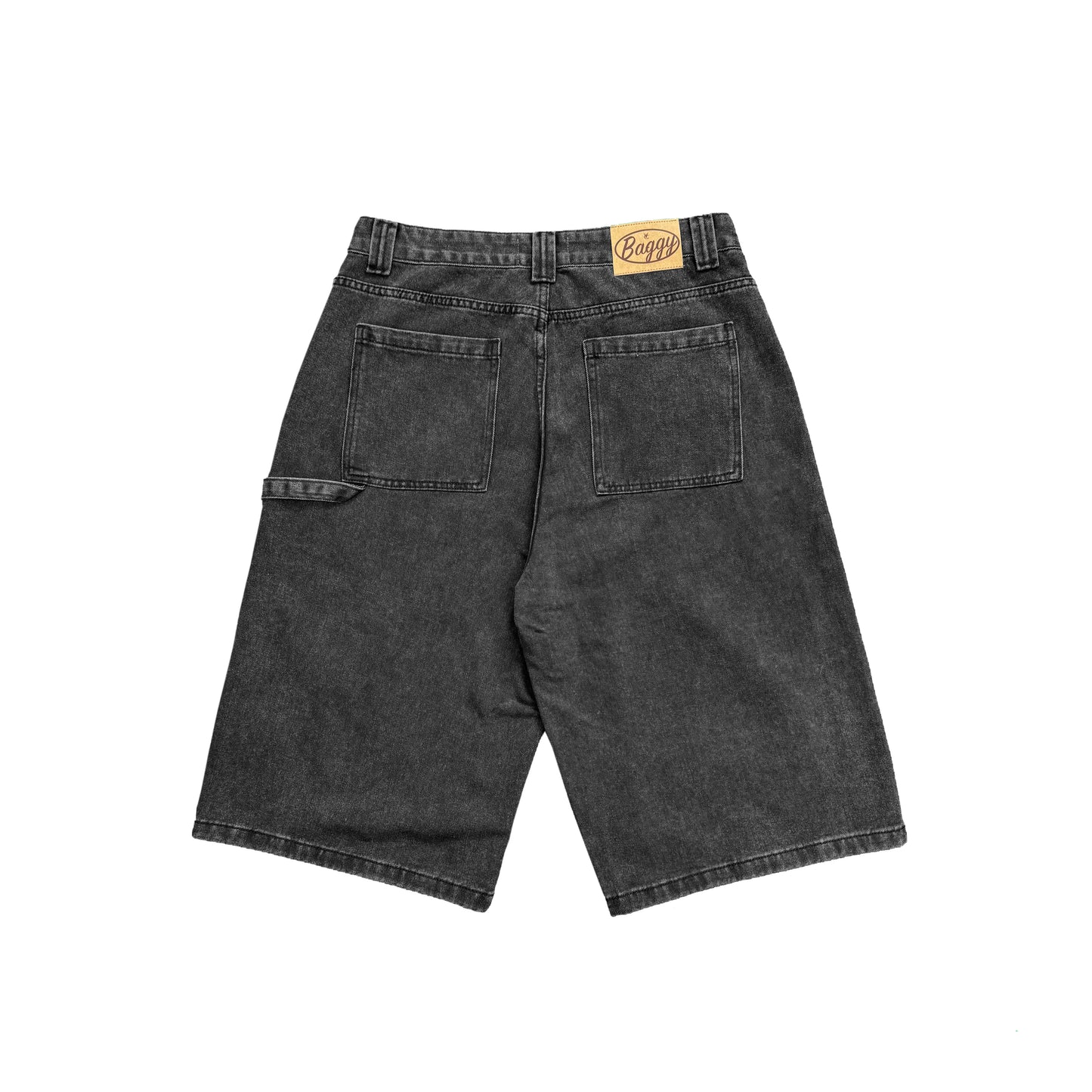 BAGGY PATCH POCKET DENIM SHORTS – WASHED BLACK | Baggy fit, longer length 100% cotton jorts with Jacron waistband label and back embroidery. Vintage 90s Y2K Style.