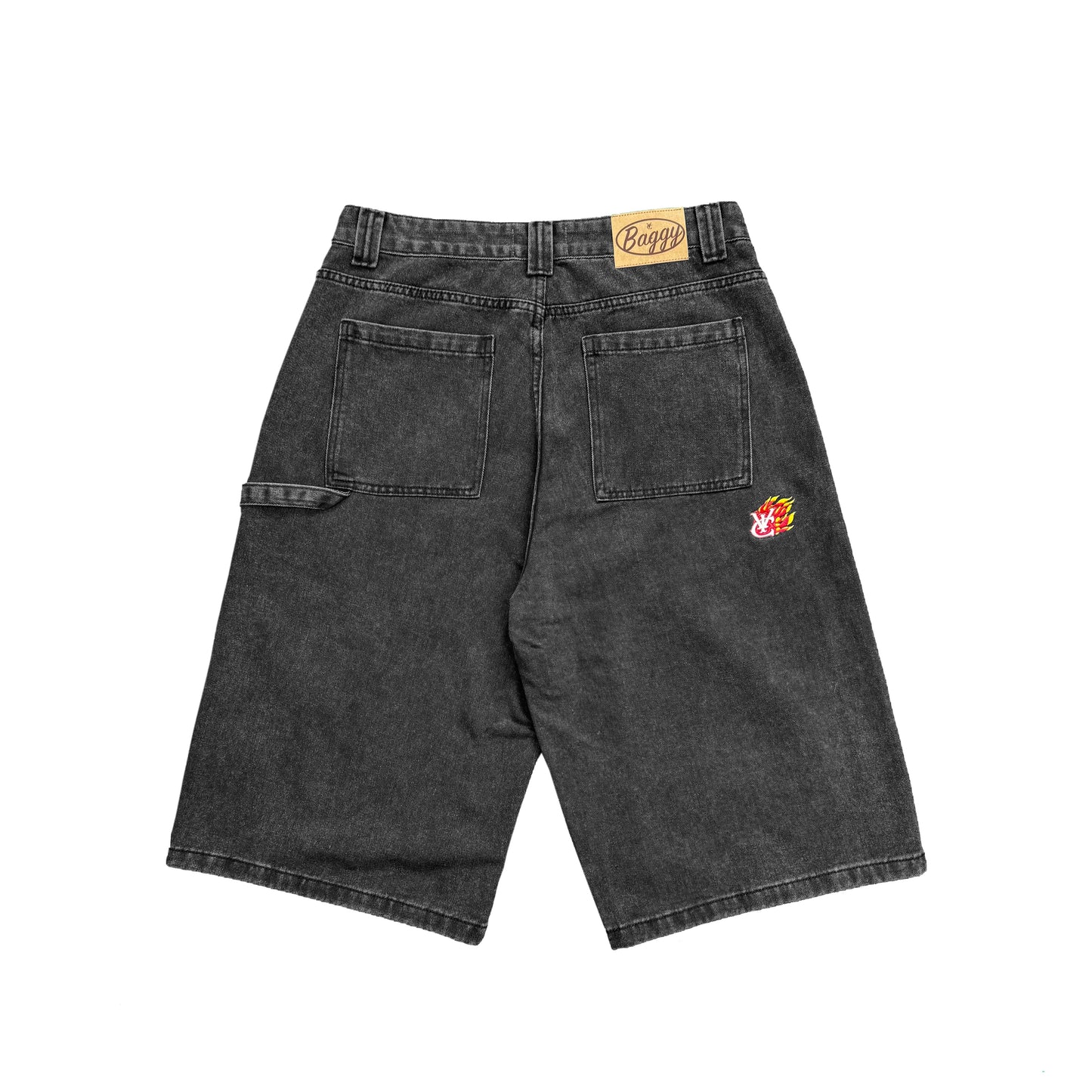 BAGGY PATCH POCKET DENIM SHORTS – WASHED BLACK | Baggy fit, longer length 100% cotton jorts with Jacron waistband label and back embroidery. Vintage 90s Y2K Style.