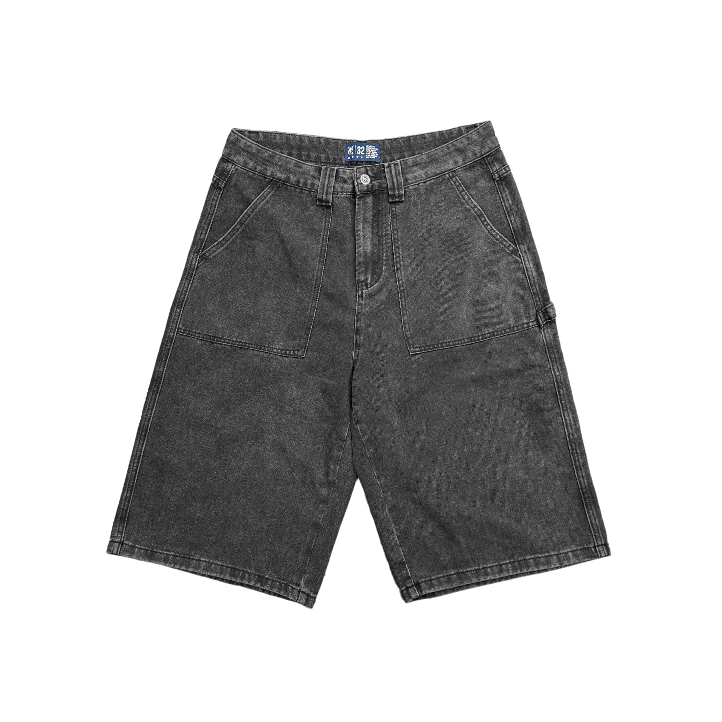 BAGGY PATCH POCKET DENIM SHORTS – WASHED BLACK | Baggy fit, longer length 100% cotton jorts with Jacron waistband label and back embroidery. Vintage 90s Y2K Style.