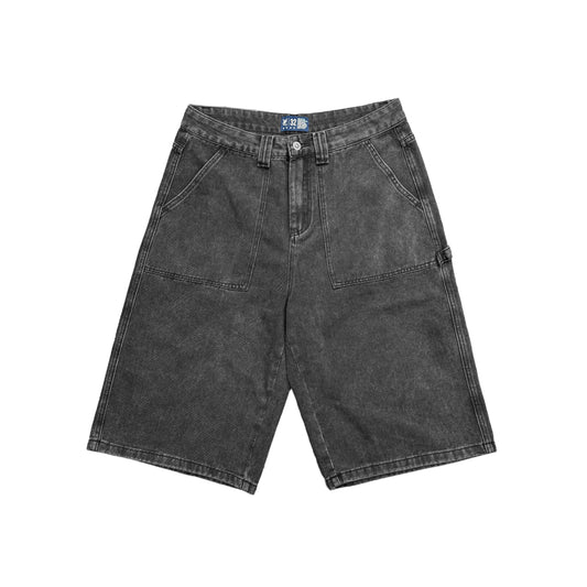 BAGGY PATCH POCKET DENIM SHORTS – WASHED BLACK | Baggy fit, longer length 100% cotton jorts with Jacron waistband label and back embroidery. Vintage 90s Y2K Style.
