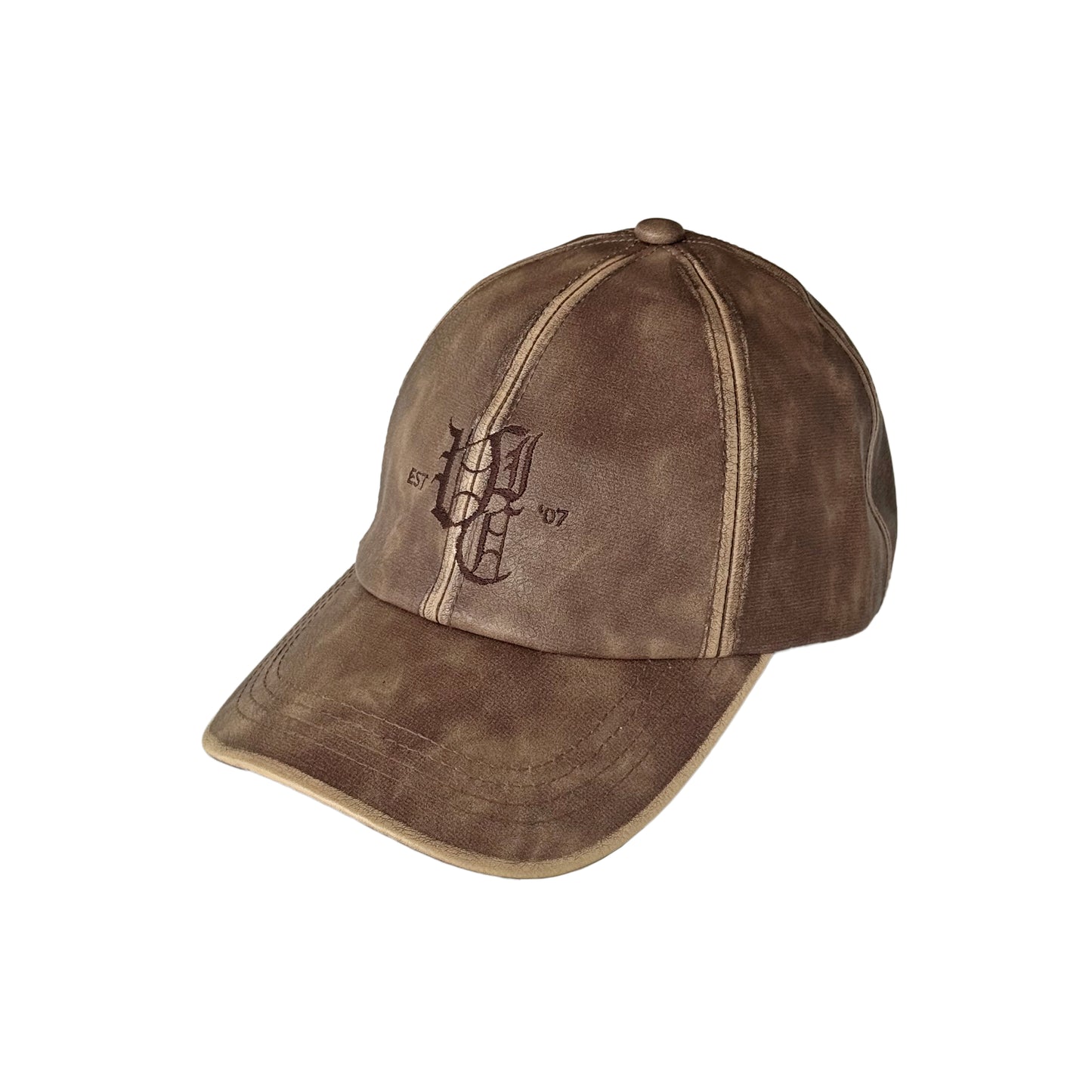 Ol English Leather Baseball Cap in black and brown, faux leather 6-panel hat with embroidered logo, adjustable strapback, one size fits all, vintage finish.