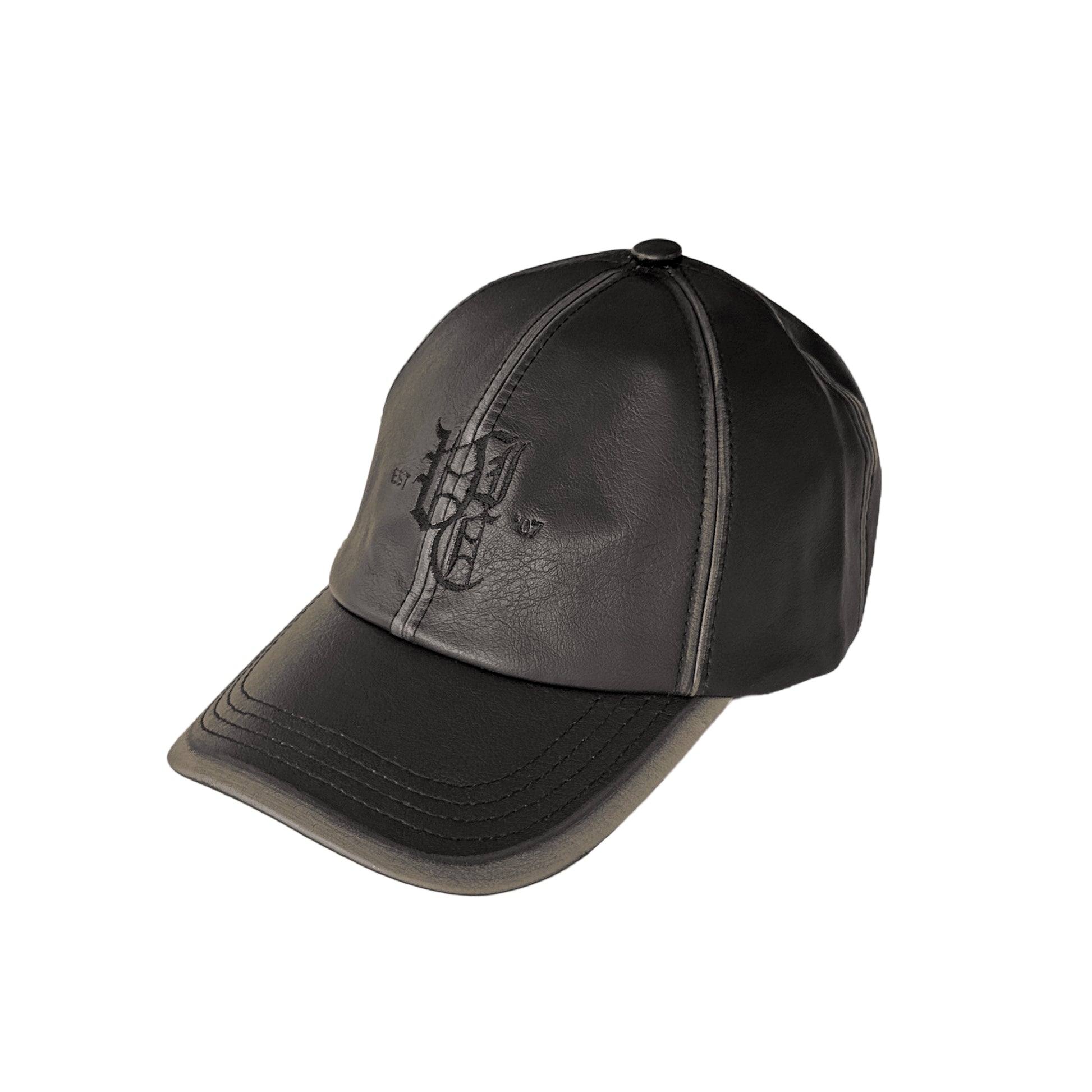 Ol English Leather Baseball Cap in black and brown, faux leather 6-panel hat with embroidered logo, adjustable strapback, one size fits all, vintage finish.