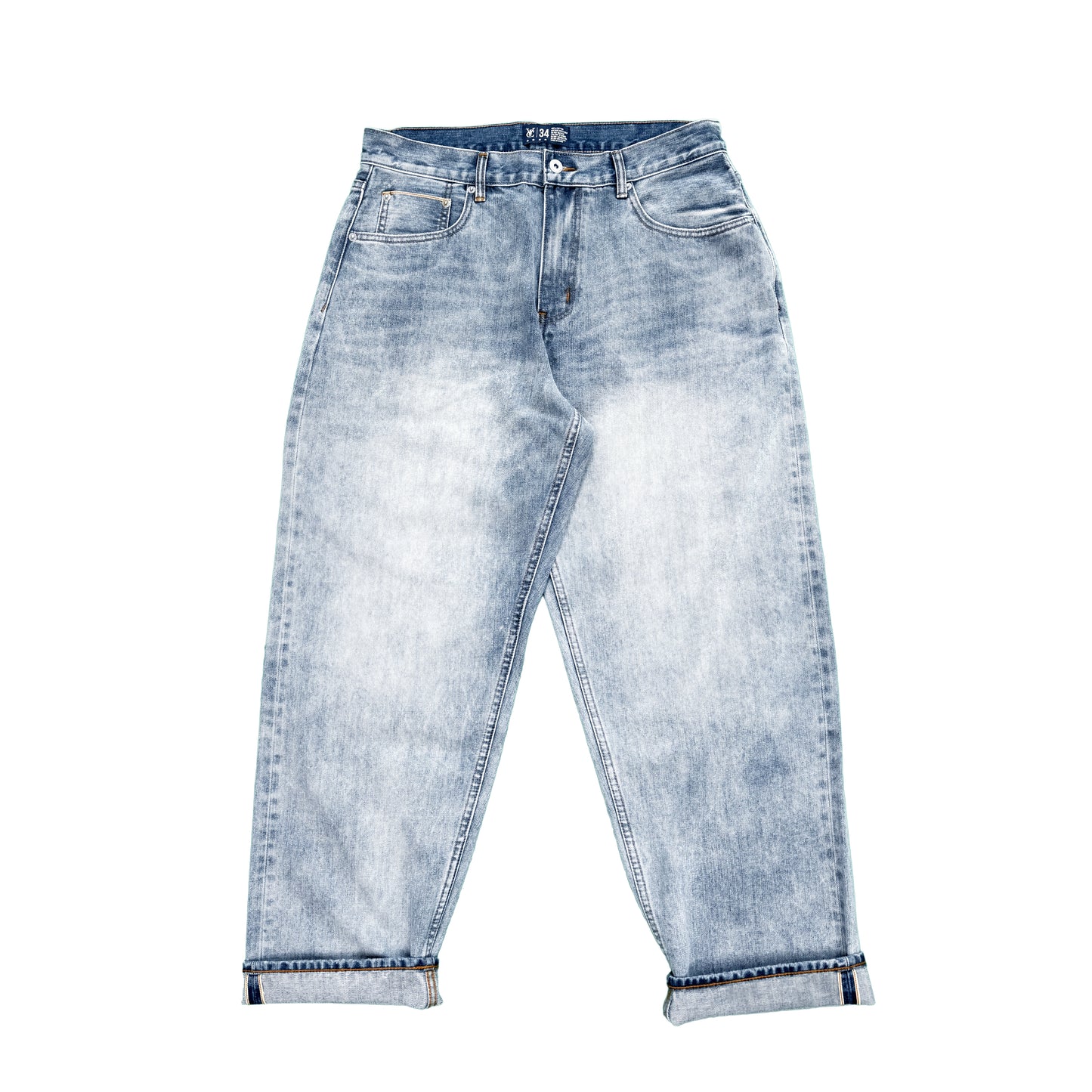 Baggy fit selvedge jean in 14.5oz denim with a vintage sandblasted treatment. Roomy thigh with tapered cuff. Detailed with selvedge accents on the coin pocket and a Jacron paper label patch on the waistband.