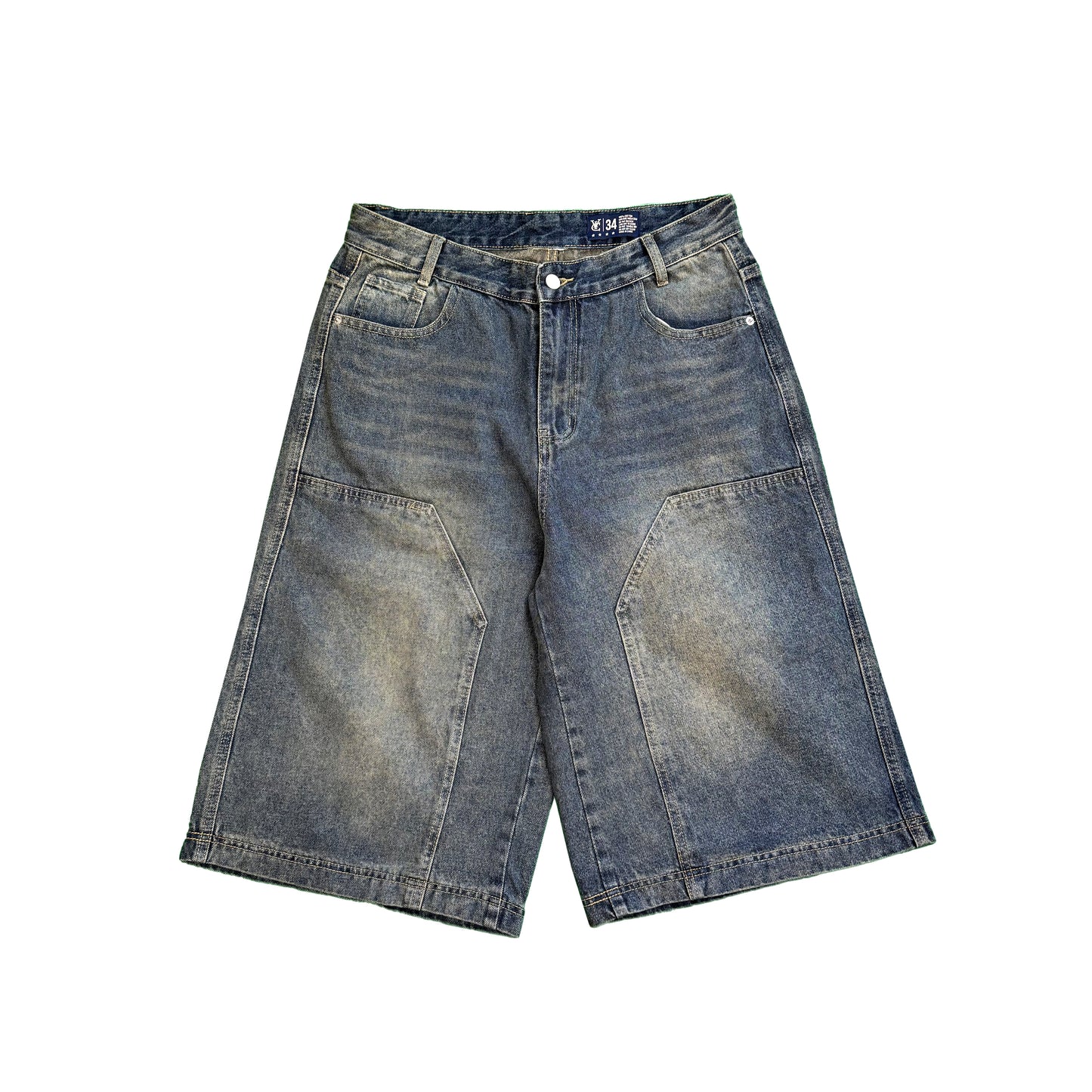 BAGGY DOUBLE KNEE JORTS – FADED INDIGO | Baggy fit, longer length 100% cotton jorts with Jacron waistband label and back embroidery. Y2K, Vintage, 90s