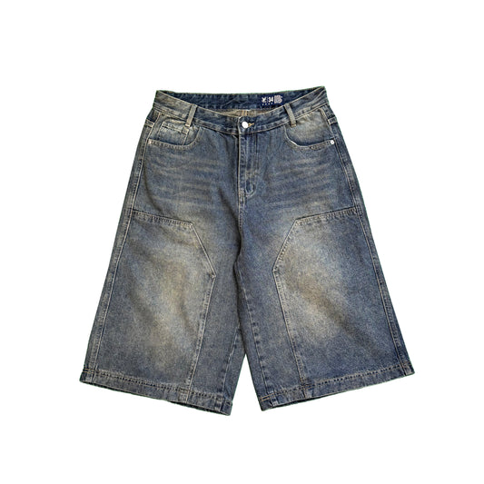 BAGGY DOUBLE KNEE JORTS – FADED INDIGO | Baggy fit, longer length 100% cotton jorts with Jacron waistband label and back embroidery. Y2K, Vintage, 90s