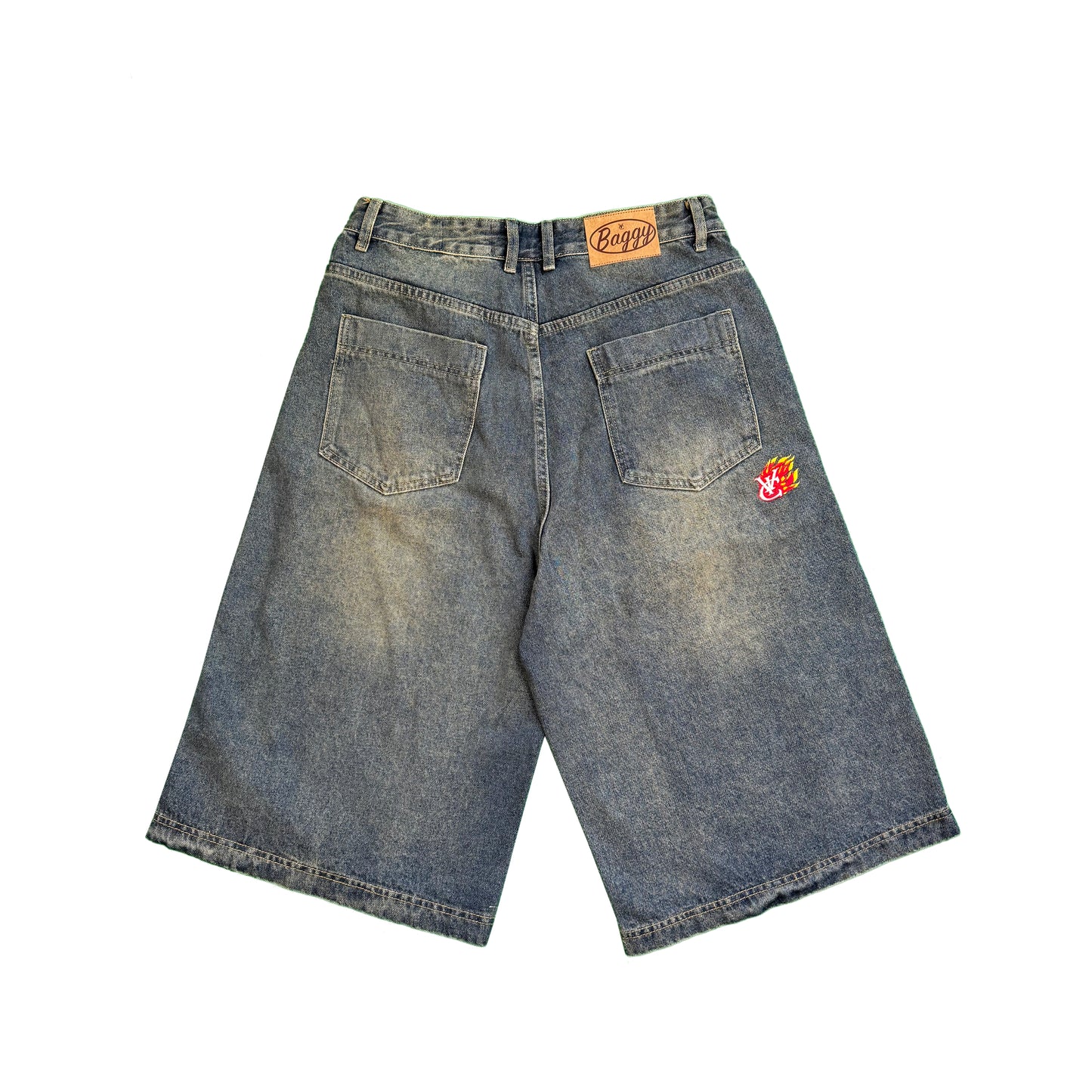 BAGGY DOUBLE KNEE JORTS – FADED INDIGO | Baggy fit, longer length 100% cotton jorts with Jacron waistband label and back embroidery. Y2K, Vintage, 90s