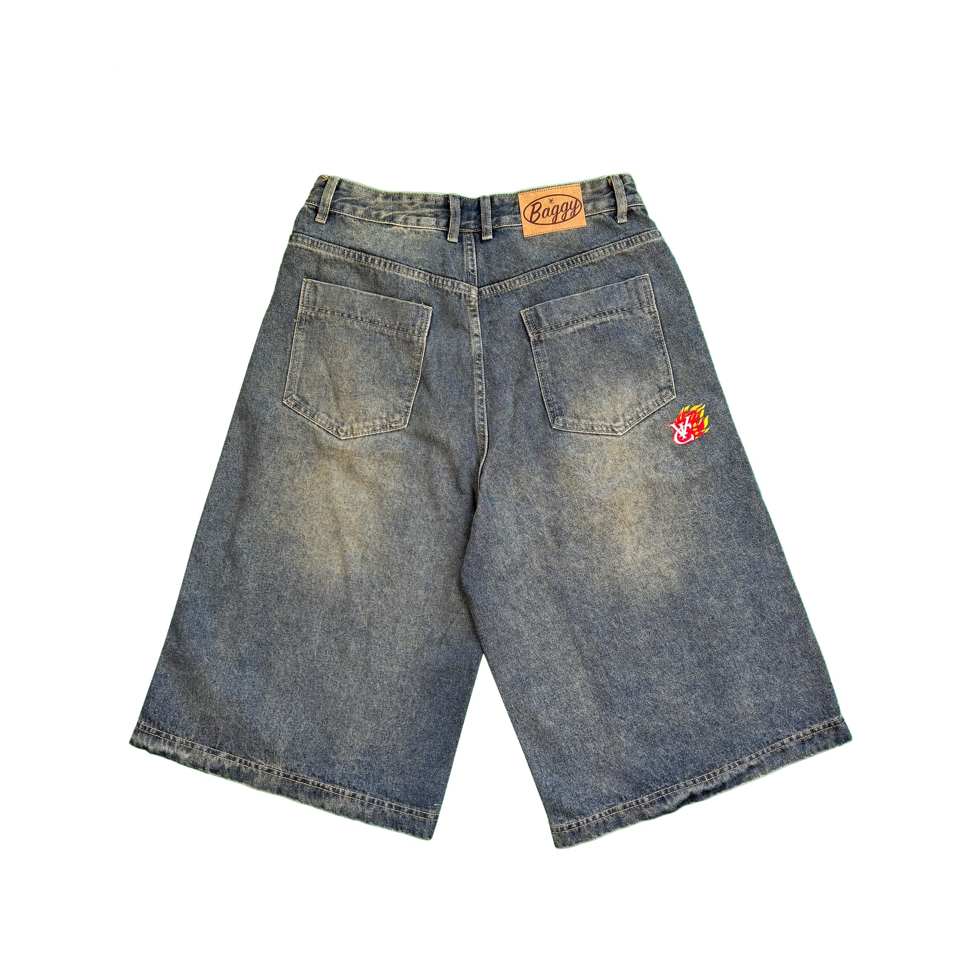 BAGGY DOUBLE KNEE JORTS – FADED INDIGO | Baggy fit, longer length 100% cotton jorts with Jacron waistband label and back embroidery. Y2K, Vintage, 90s