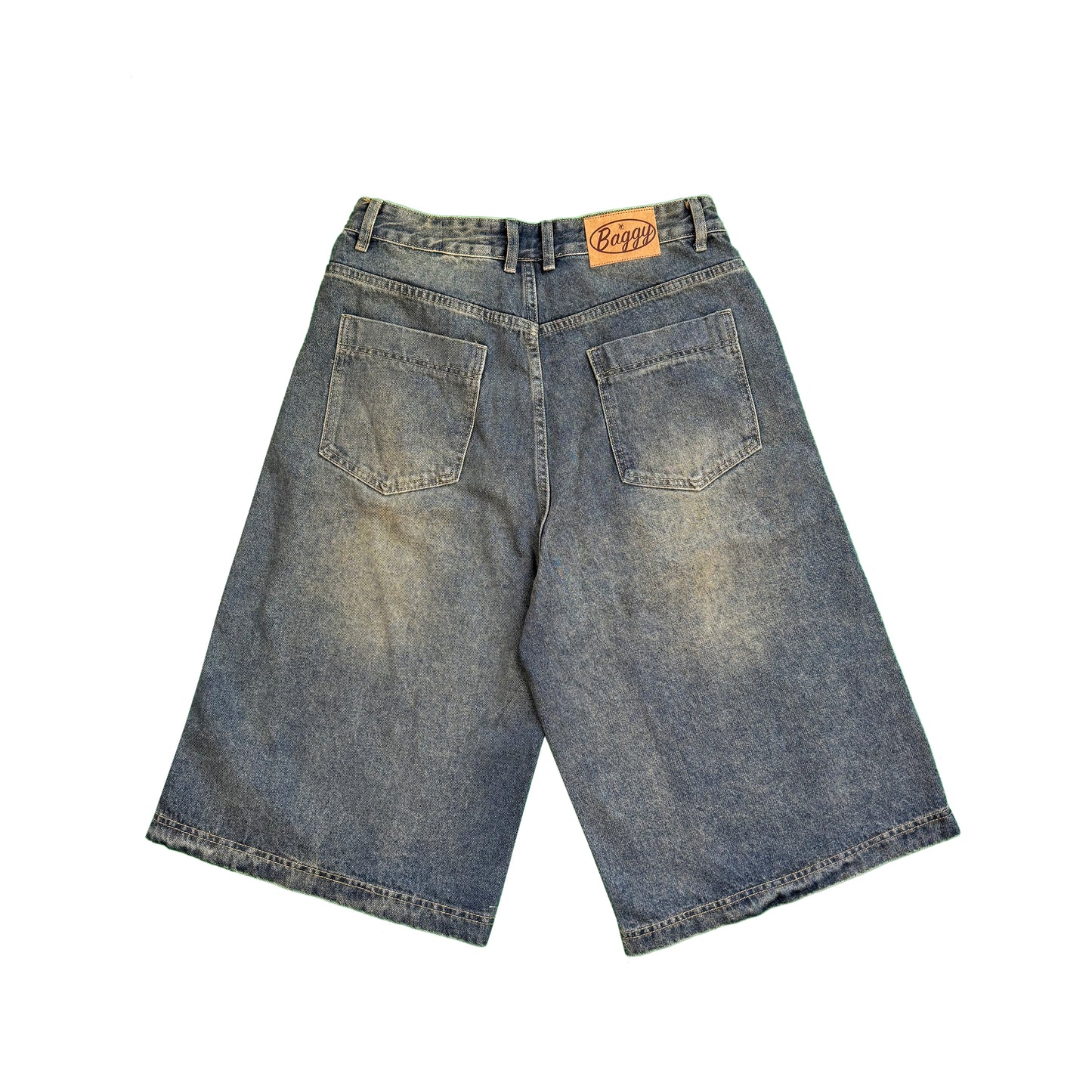 BAGGY DOUBLE KNEE JORTS – FADED INDIGO | Baggy fit, longer length 100% cotton jorts with Jacron waistband label and back embroidery. Y2K, Vintage, 90s
