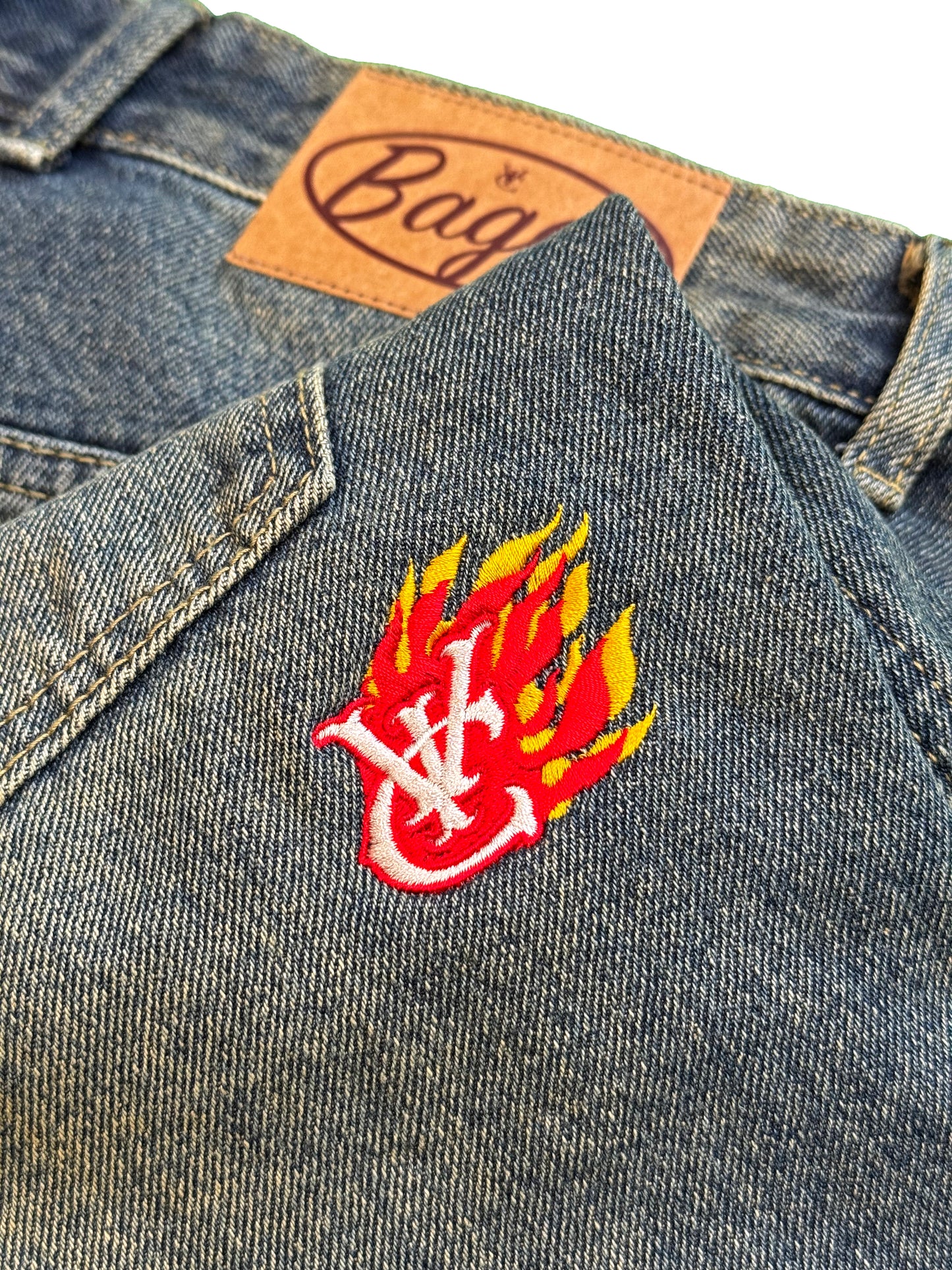 BAGGY DOUBLE KNEE JORTS – FADED INDIGO | Baggy fit, longer length 100% cotton jorts with Jacron waistband label and back embroidery. Y2K, Vintage, 90s