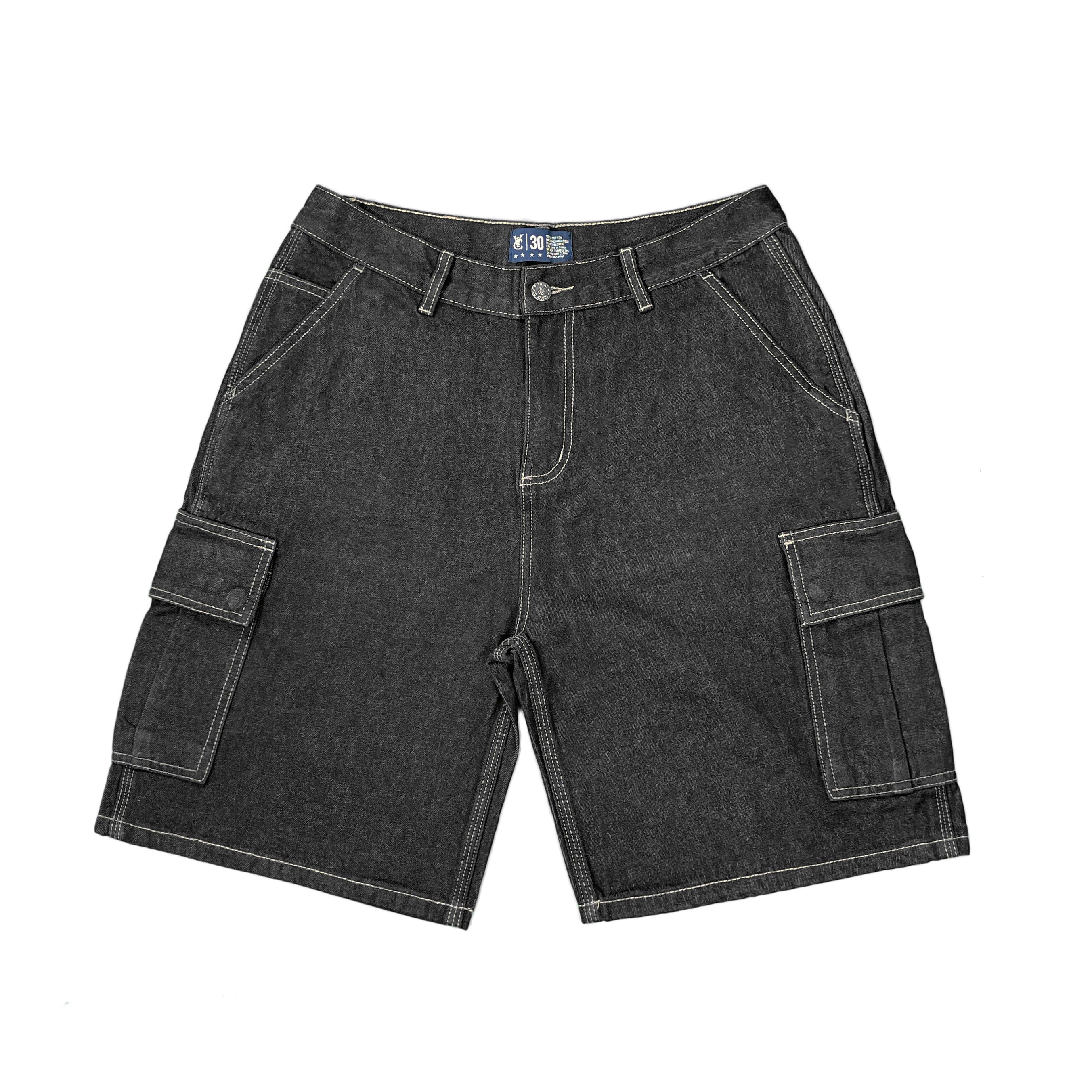 Premium quality cargo denim jean shorts by New Zealand skate and streetwear clothing label VIC Apparel. Loose fit. Featuring utility pockets and triple needle contrast stitching with VIC label flag at the back right pocket. Classic vintage workwear jorts style.