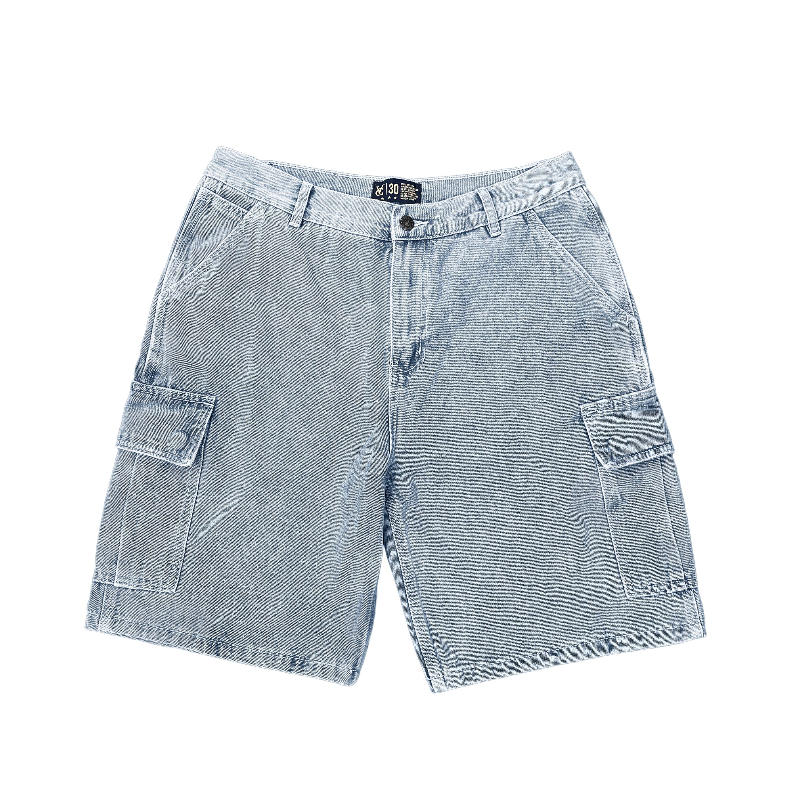 Premium quality cargo denim jean shorts by New Zealand skate and streetwear clothing label VIC Apparel. Loose fit. Featuring utility pockets and triple needle contrast stitching with VIC label flag at the back right pocket. Classic vintage workwear style. 90s baggy jorts style