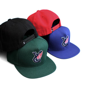 Premium quality baseball snapback hats by New Zealand skate and streetwear clothing label VIC Apparel. Embroidered logo. A-frame snapback cap style, hand made in the USA.