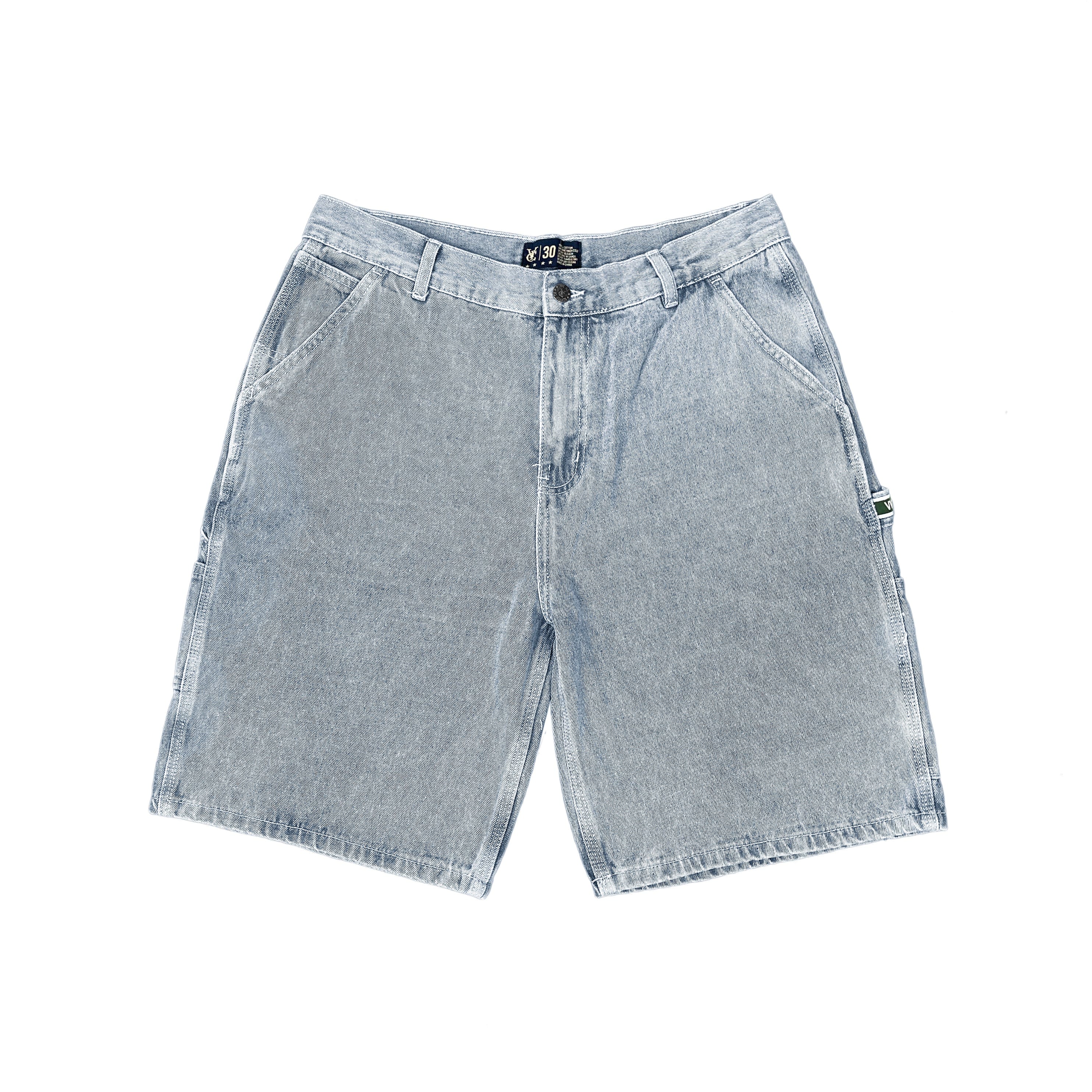 Premium quality carpenter denim shorts by New Zealand skate and streetwear clothing label VIC Apparel. New improved relaxed fit. Featuring utility pockets, a traditional hammer loop, and triple needle contrast stitching with the blue woven VIC patch on the hammer loop. Classic vintage workwear style jorts.