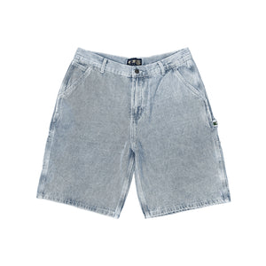 Premium quality carpenter denim shorts by New Zealand skate and streetwear clothing label VIC Apparel. New improved relaxed fit. Featuring utility pockets, a traditional hammer loop, and triple needle contrast stitching with the blue woven VIC patch on the hammer loop. Classic vintage workwear style jorts.