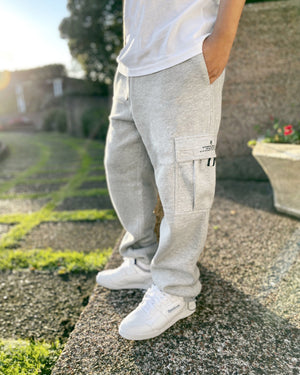 Heavyweight sweat cargo track pants by New Zealand skate and streetwear clothing label VIC Apparel. Screen printed logo. American 90s vintage classic sportswear style.