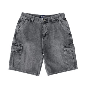 Premium quality cargo denim jean shorts by New Zealand skate and streetwear clothing label VIC Apparel. Loose fit. Featuring utility pockets and triple needle contrast stitching with VIC label flag at the back right pocket. Classic vintage workwear style. 