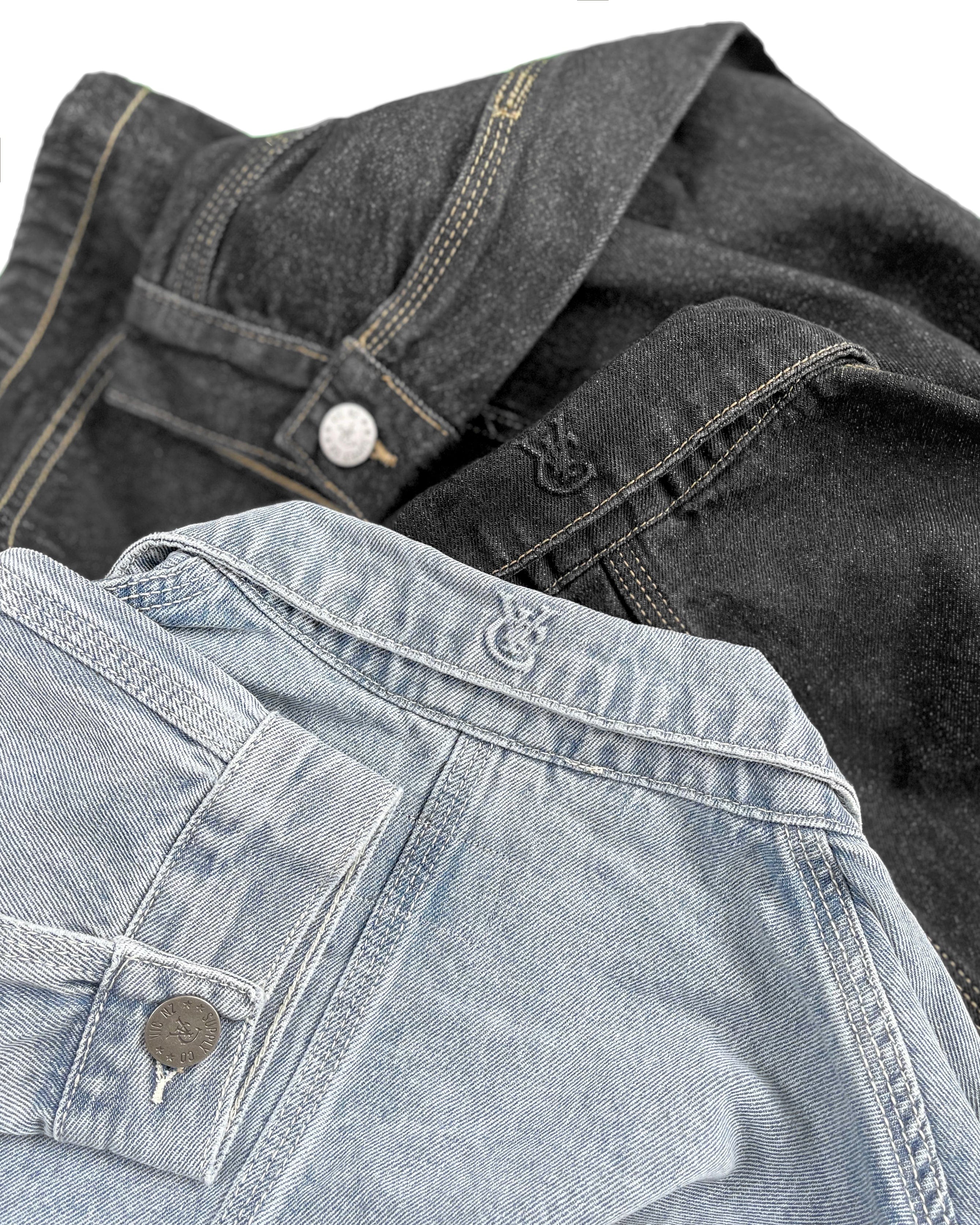 Denim chore jacket coat. Relaxed fit 11.25oz Denim Fabric Dropped shoulders Four front pockets Contrast stitching Branded shank buttons VIC pip label at chest pocket Embossed logo at the back collar.
