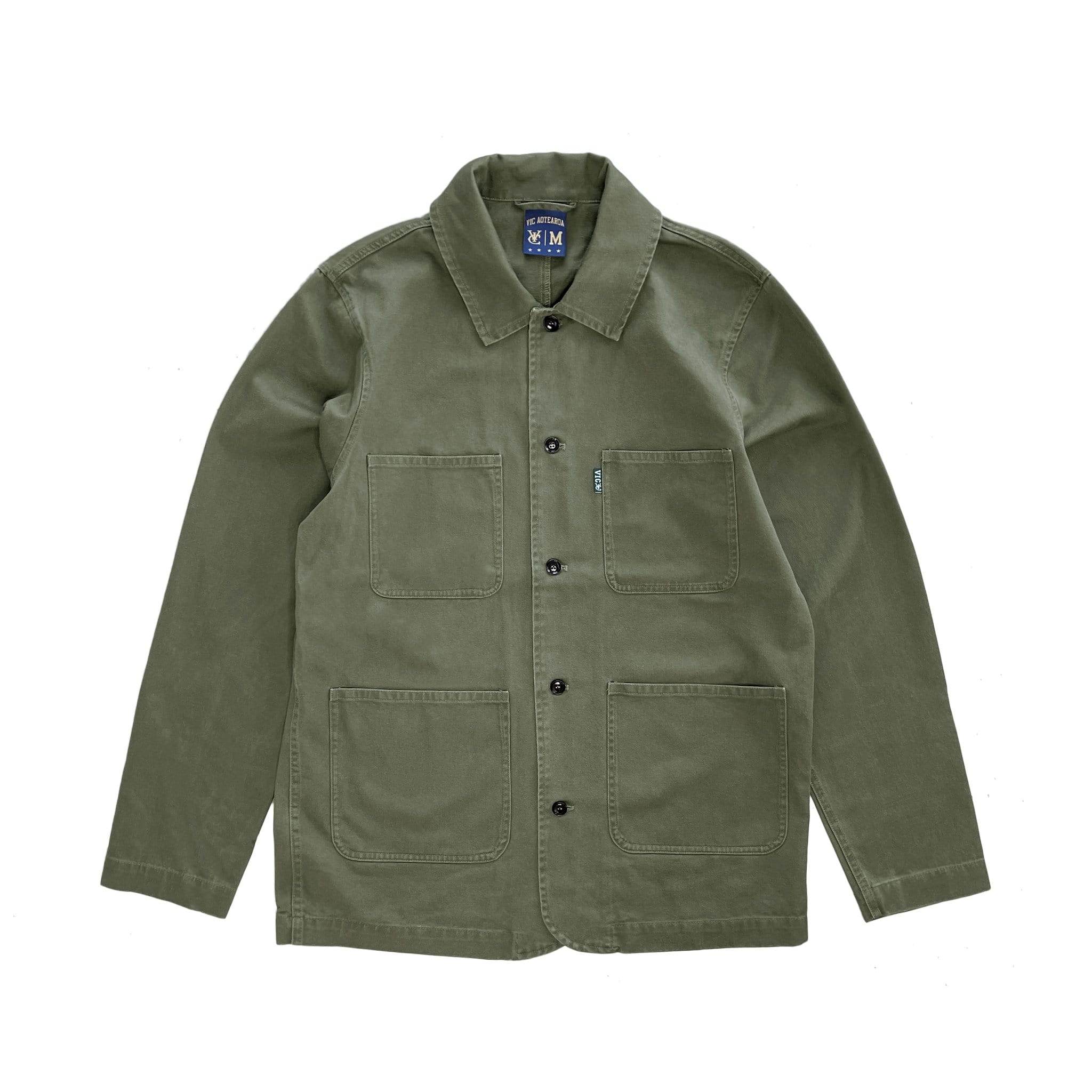 Premium quality classic workwear chore jacket coat by New Zealand skate and streetwear clothing label VIC Apparel. Regular fit, Heavyweight, 300gsm, 100% Cotton, VIC pip label detail on the chest pocket. 