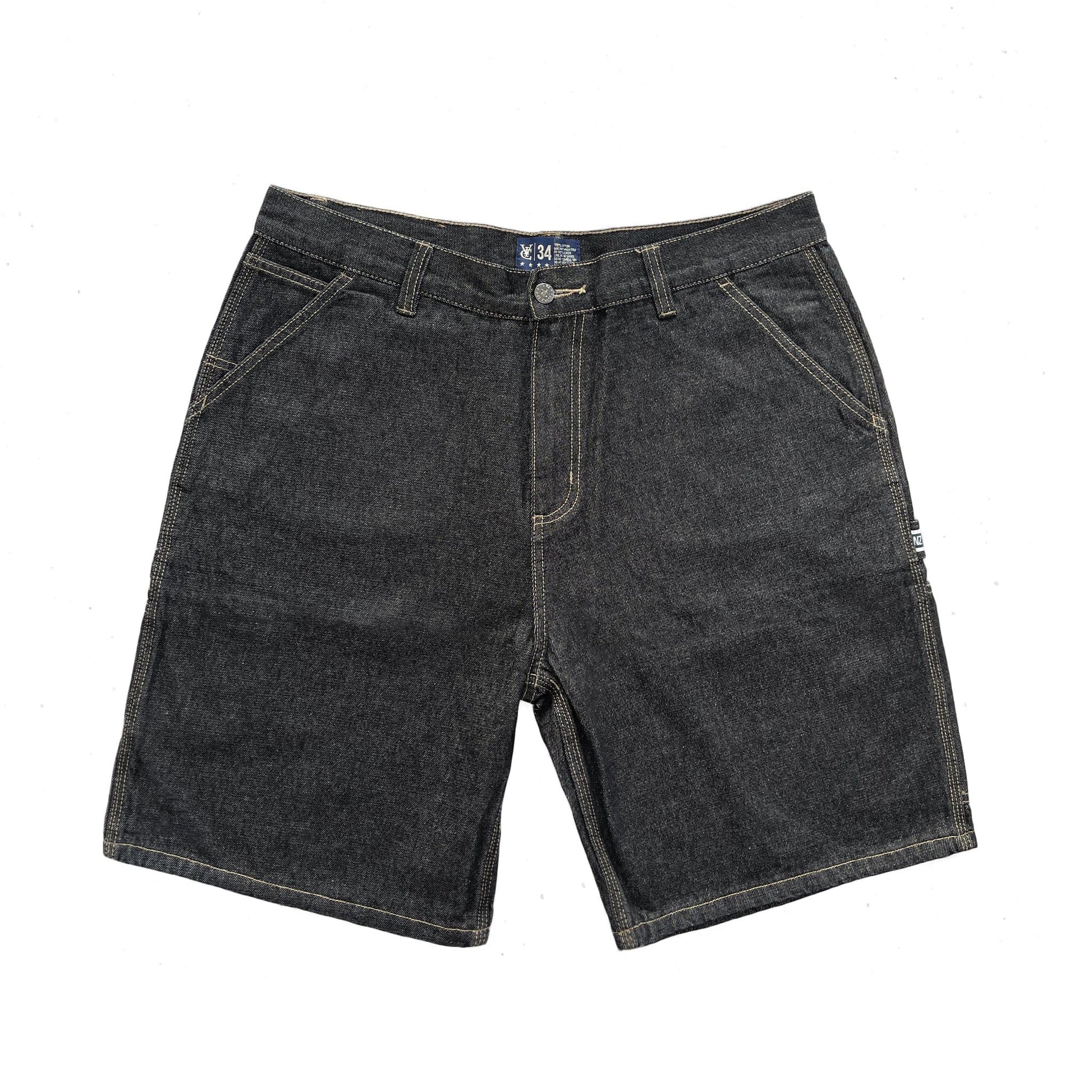 Premium quality carpenter denim jean shorts by New Zealand skate and streetwear clothing label VIC Apparel. Loose fit. Featuring utility pockets and triple needle contrast stitching with VIC label flag at the back right pocket. Classic vintage workwear style. 90s baggy jorts style