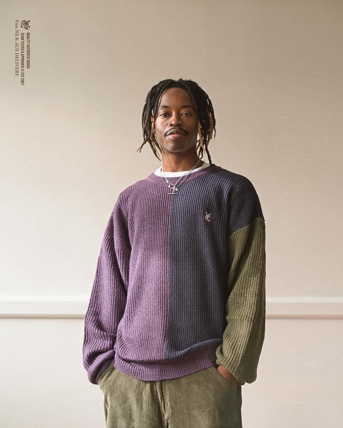 Premium quality mohair-blend knit sweater by New Zealand skate and streetwear clothing label VIC Apparel. Classic colour block 90's design. Regular fit.