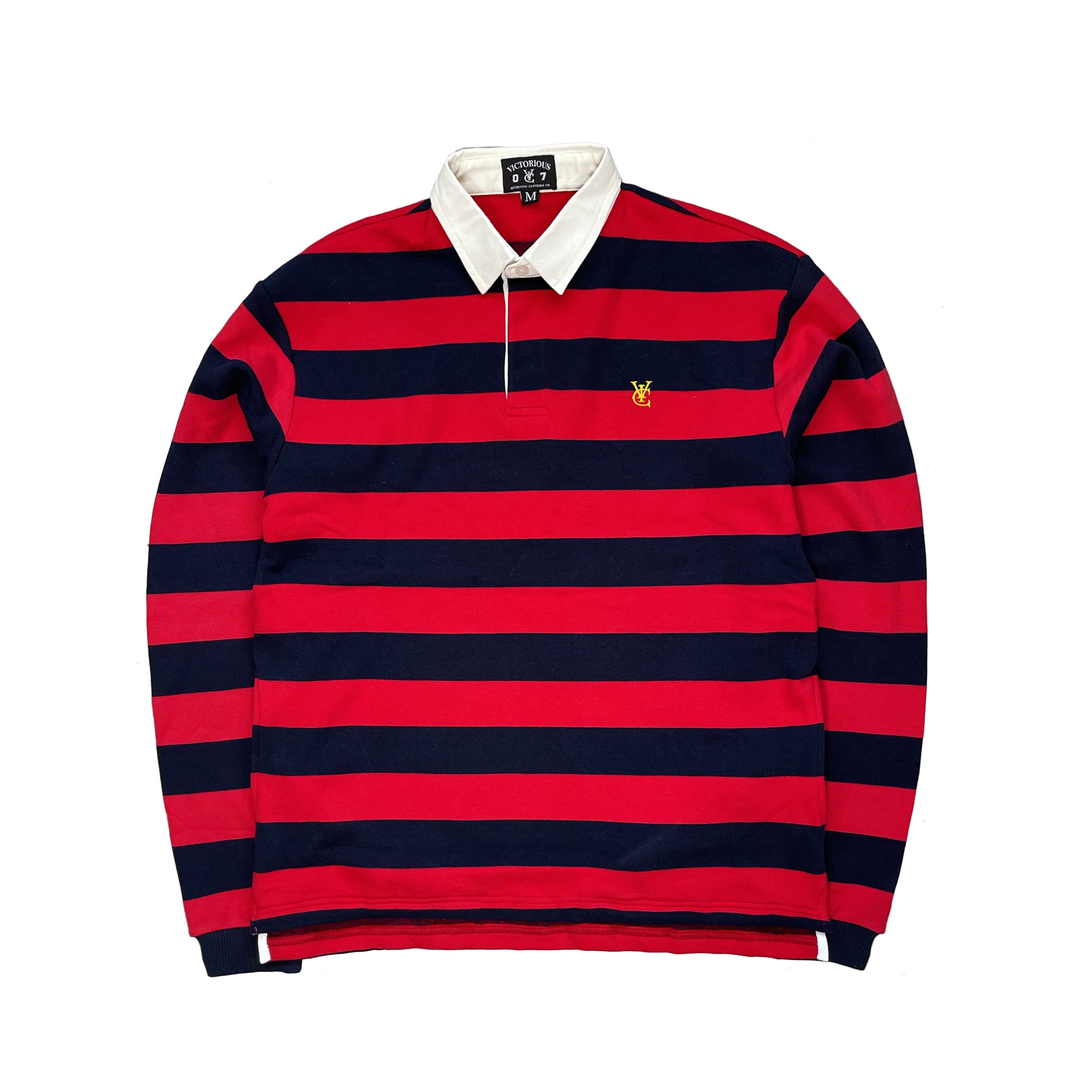 Premium quality stripe rugby polo jersey by New Zealand skate and streetwear clothing label VIC Apparel. Embroidered logo design. 100% Cotton fleece brushed. Relaxed fit, Hidden side pockets, Split seams bottom hem, Extra length at the back. American classic vintage sportswear style. 