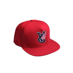 Premium quality baseball snapback hat in red by New Zealand skate and streetwear clothing label VIC Apparel. Embroidered logo. A-frame snapback cap style, hand made in the USA.